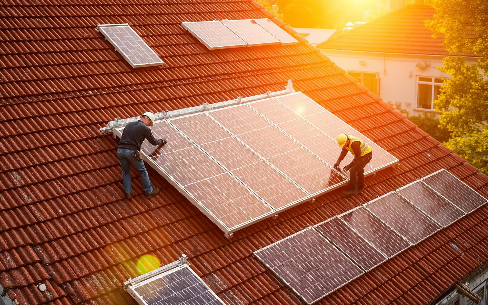 Zonnepanelen worden op een pannendak geïnstalleerd